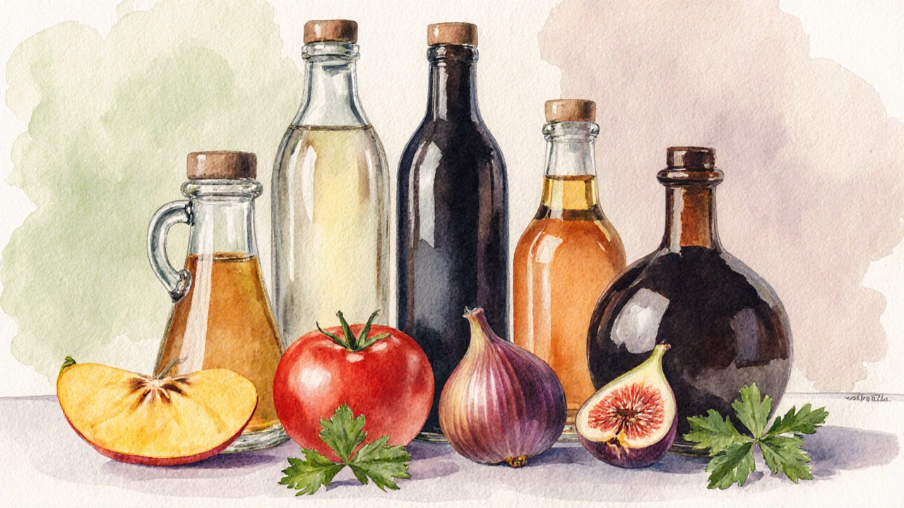 Watercolor still life of five vinegar bottles and matching chutney ingredients arranged together.