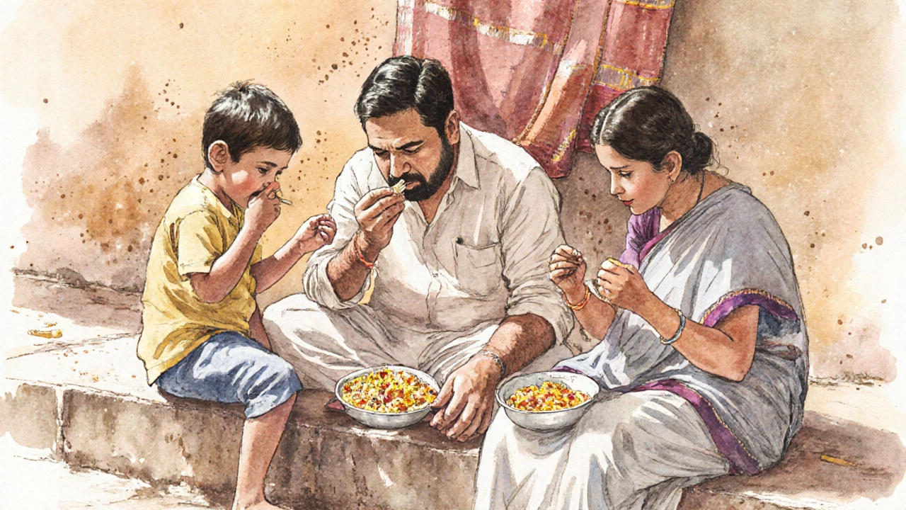 A family eating bhel puri together, all using their right hands, in a traditional Jaipur setting.