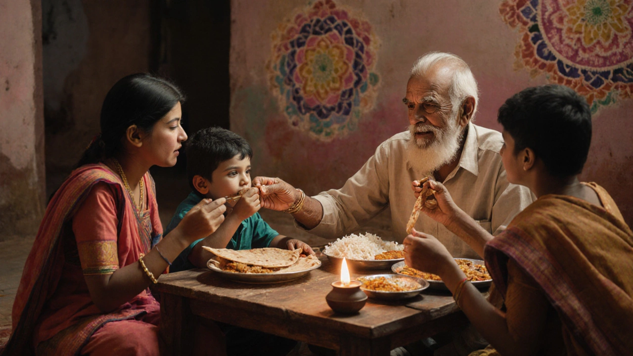 A family sharing a meal with their hands around a wooden table in a rural Indian home.