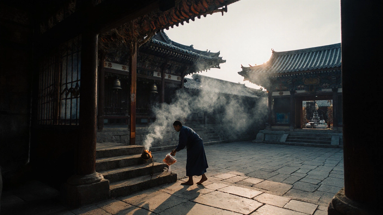 A pilgrim leaving food outside a temple gate at sunrise, respecting sacred space.