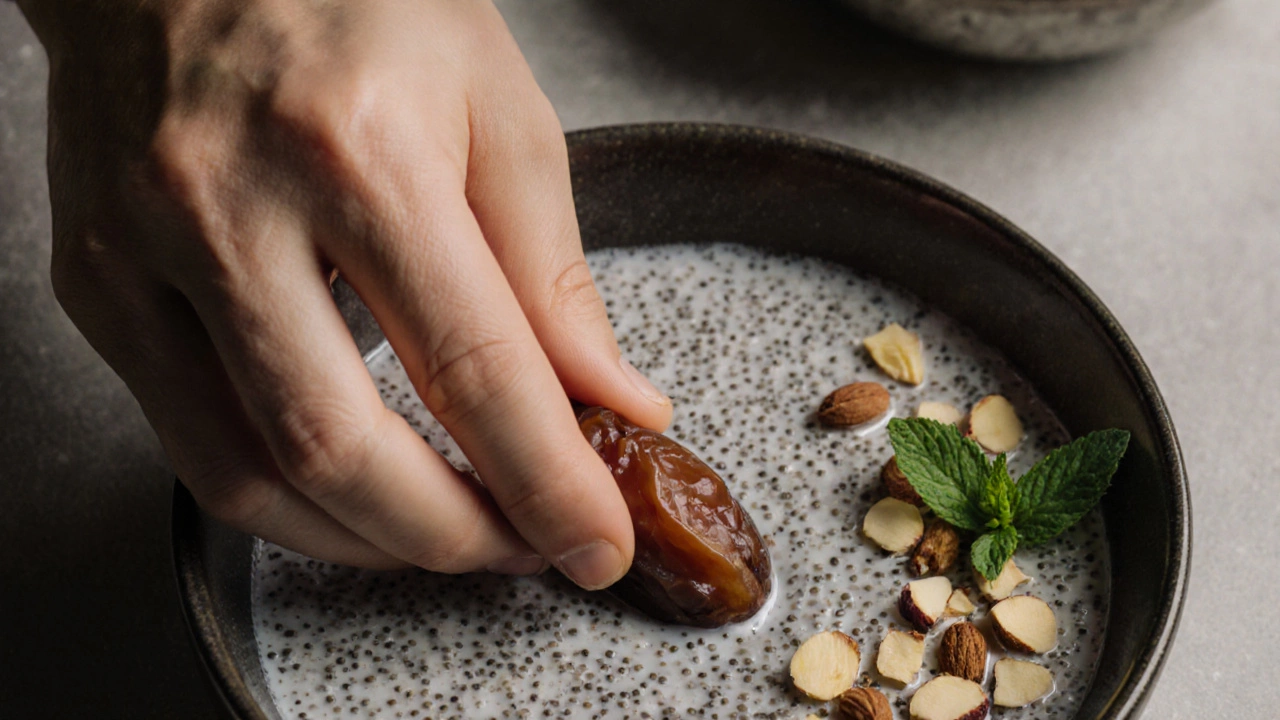 Chia seed pudding with date and pistachios beside a mint sprig and warm jeera water.
