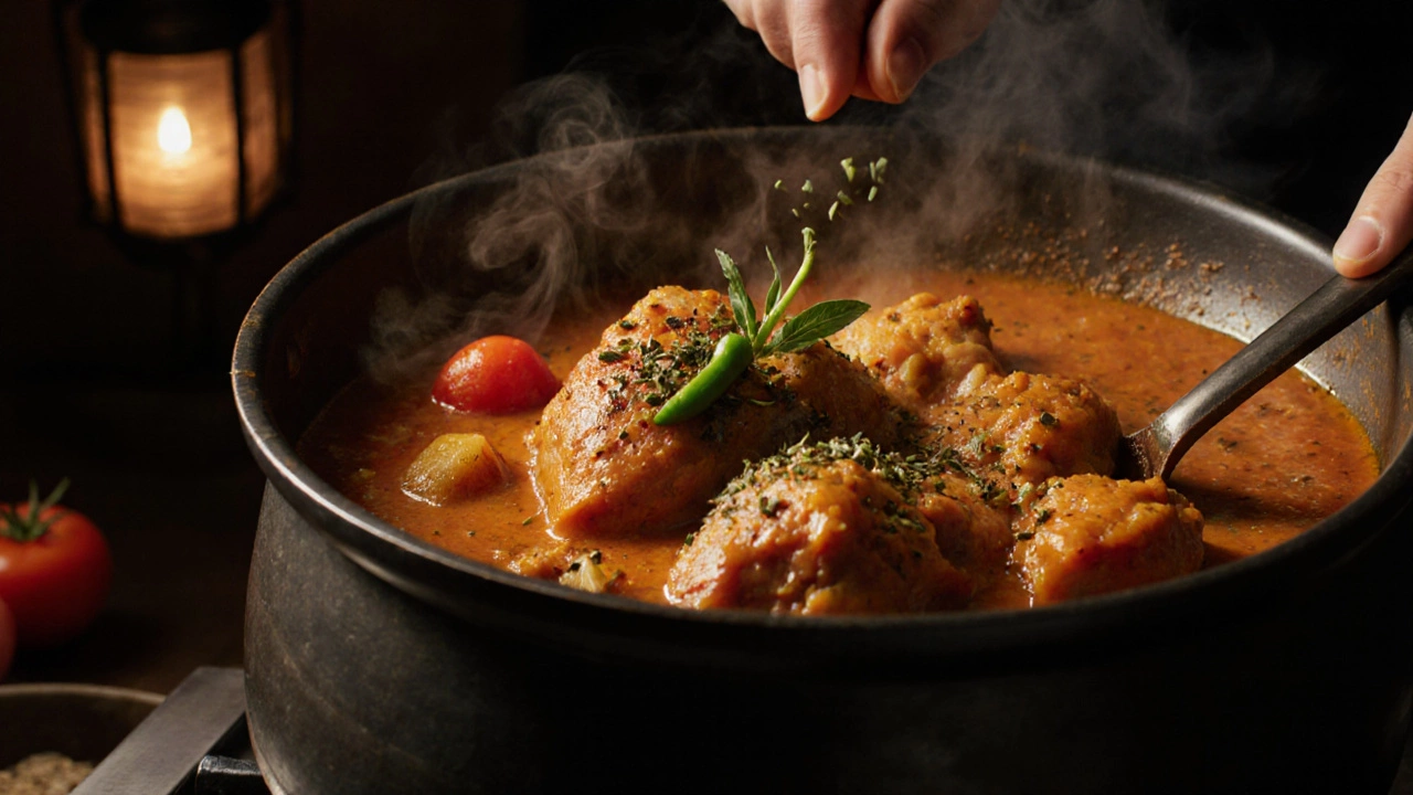 Chicken curry simmering with fresh tomatoes and spices in a pot.