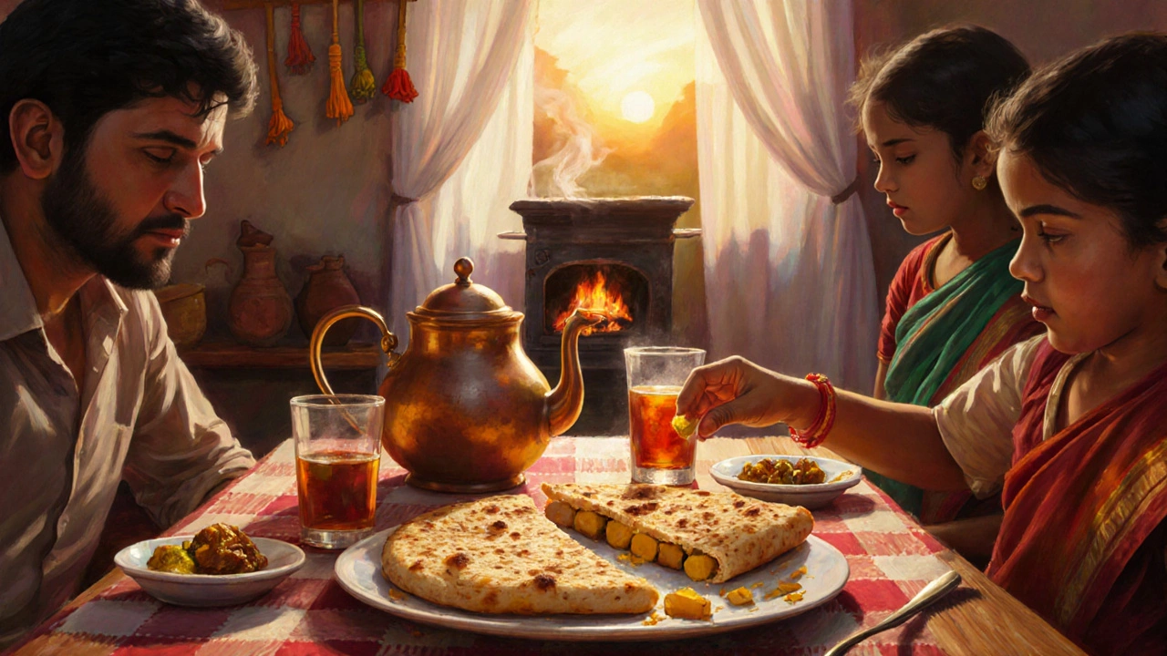 Family eating hot parathas with chai and pickle at a wooden breakfast table in North India.