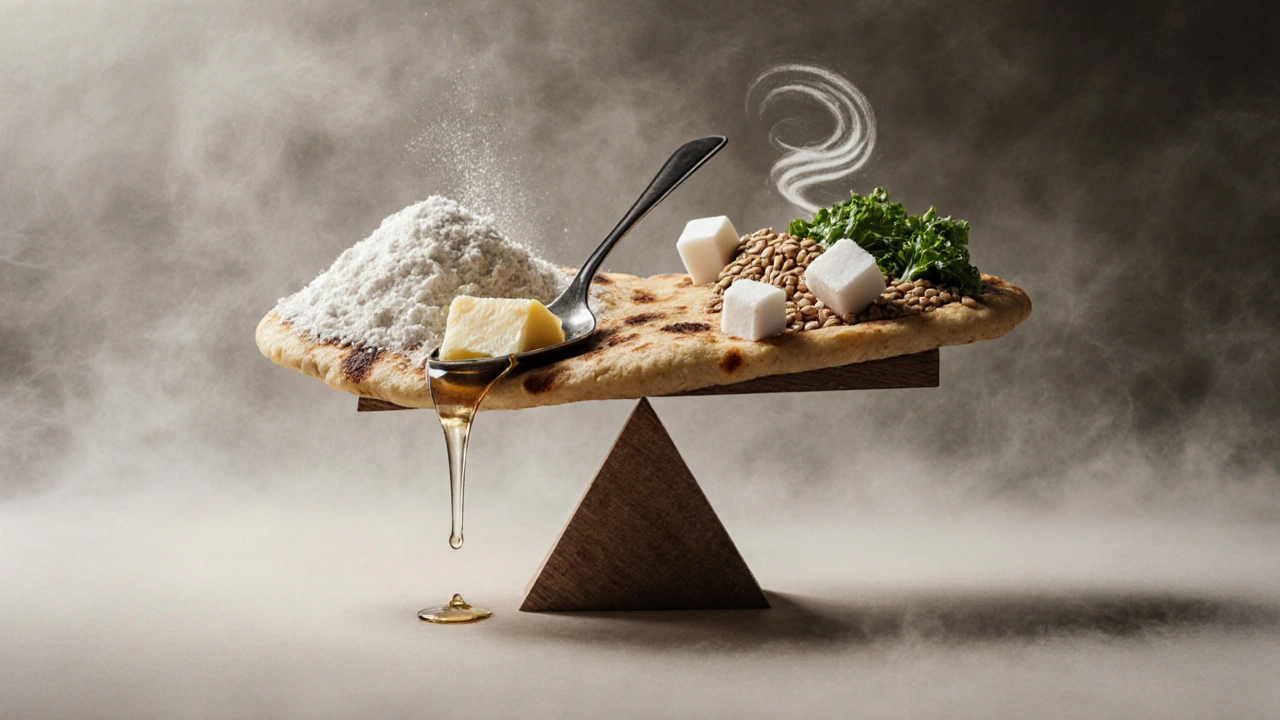 Naan bread on a scale, contrasting unhealthy ingredients with wholesome whole grains and veggies.