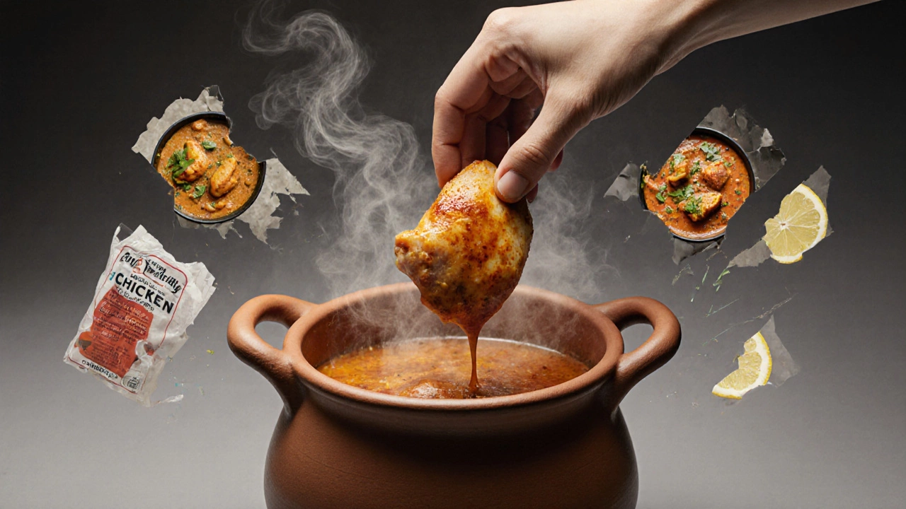 Perfectly cooked chicken thigh lifted from curry, with failed cooking methods fading in background.