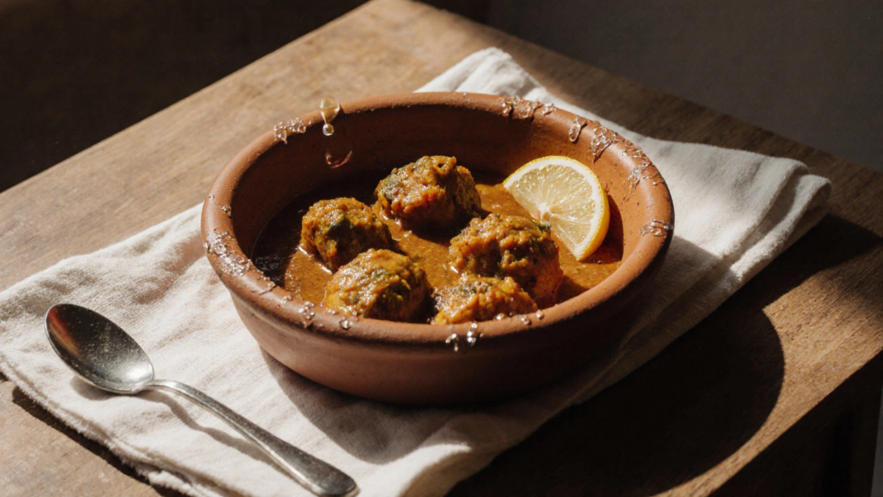 Resting chicken curry in a clay dish with lemon wedge beside it.