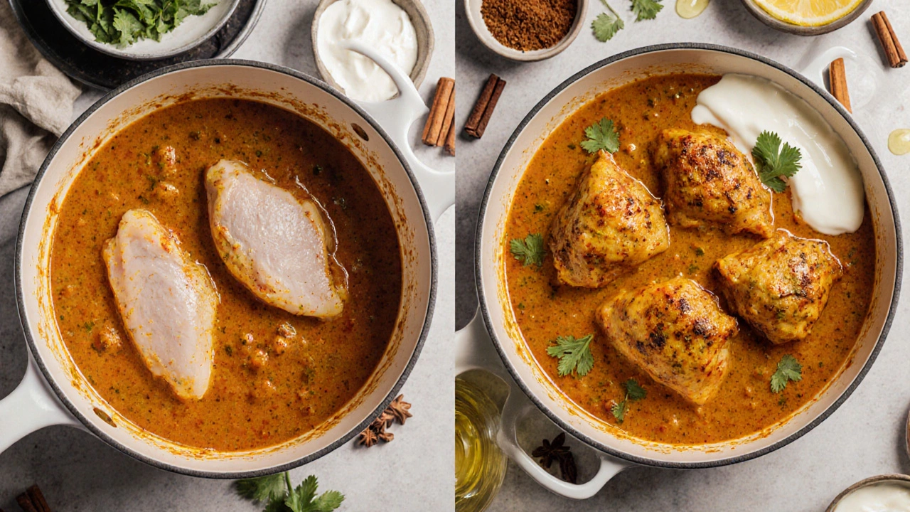 Side-by-side comparison of tough chicken breast versus tender chicken thighs in curry.