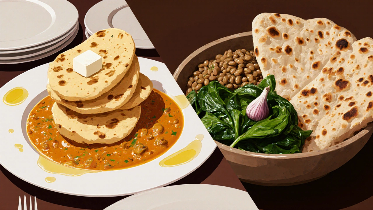Split image: rich restaurant naan with curry vs. healthy homemade naan with vegetables.