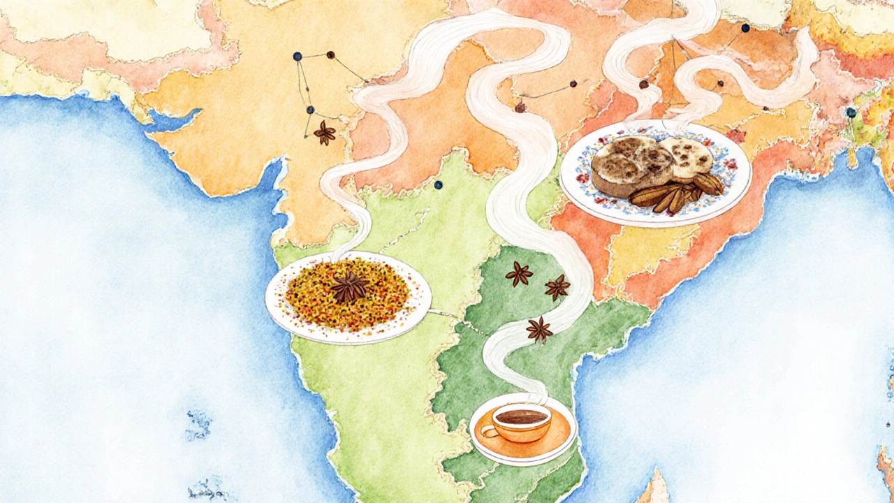 Watercolor map of India with regional breakfast dishes floating above, connected by steam and spices.