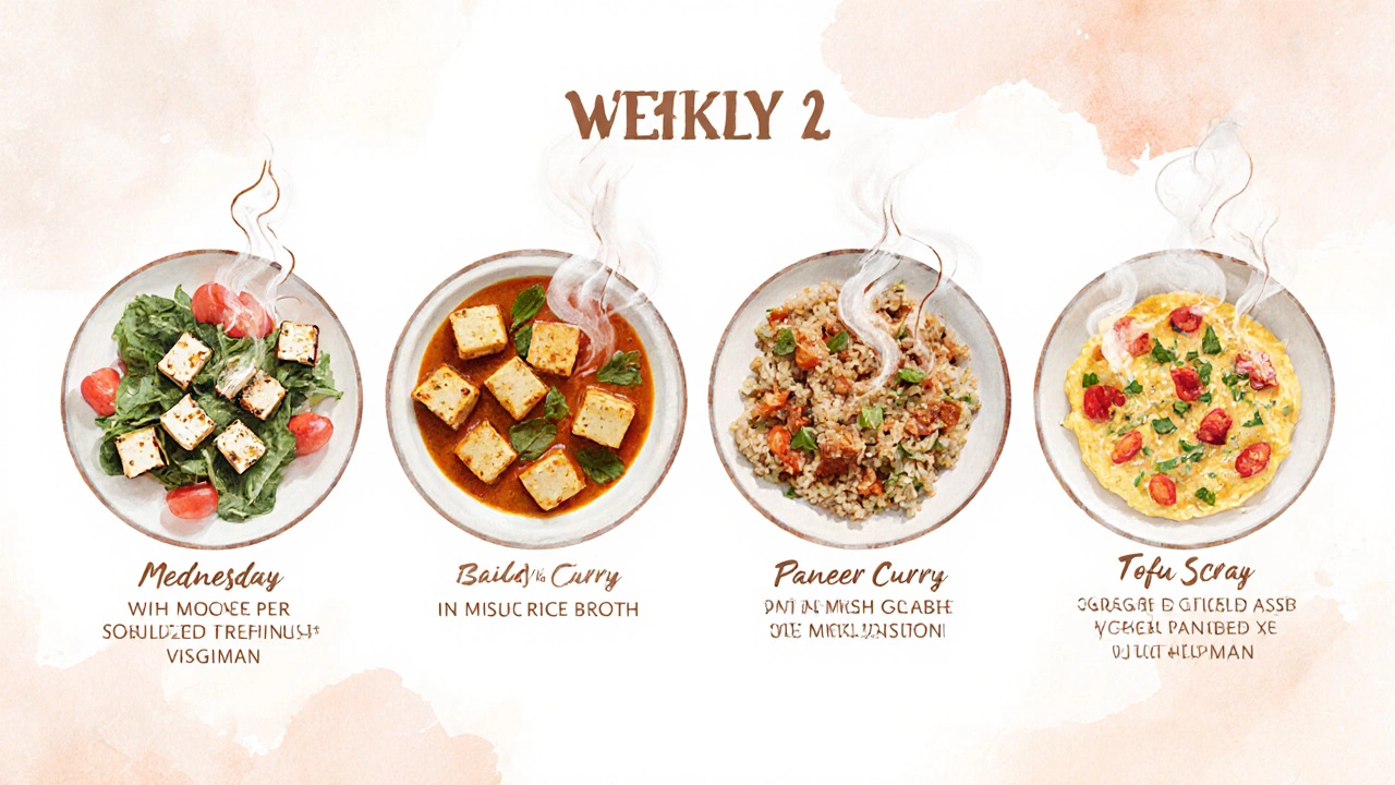 Weekly meal plan with paneer and tofu dishes in a circular arrangement, showing balanced eating.