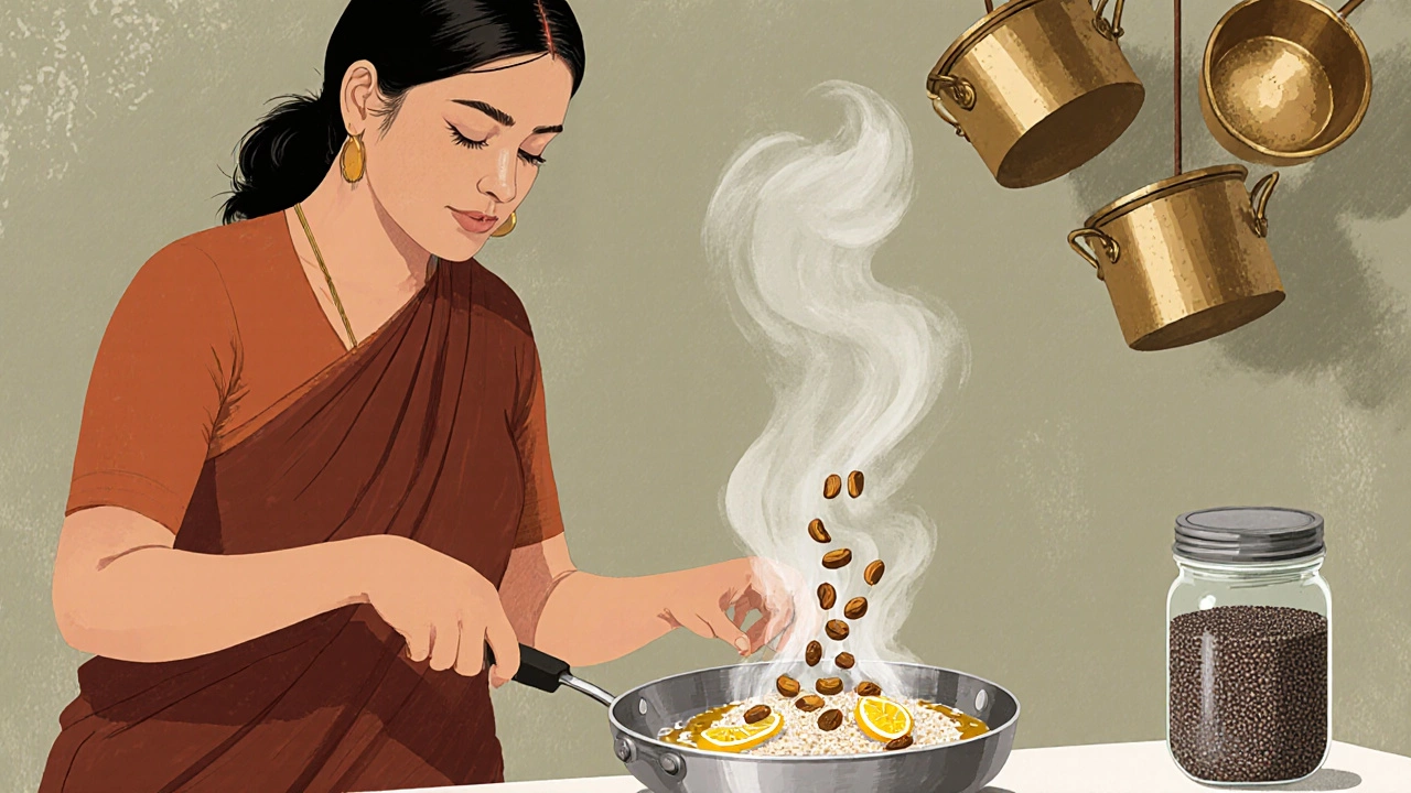 Woman cooking clean poha with peanuts and turmeric in a stainless steel pan, steam rising.