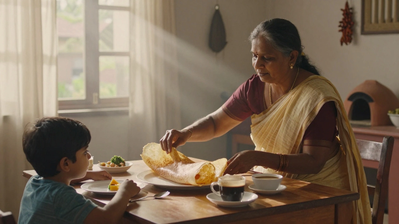 A quiet South Indian family breakfast at dawn, with dosa being served under soft morning sunlight.