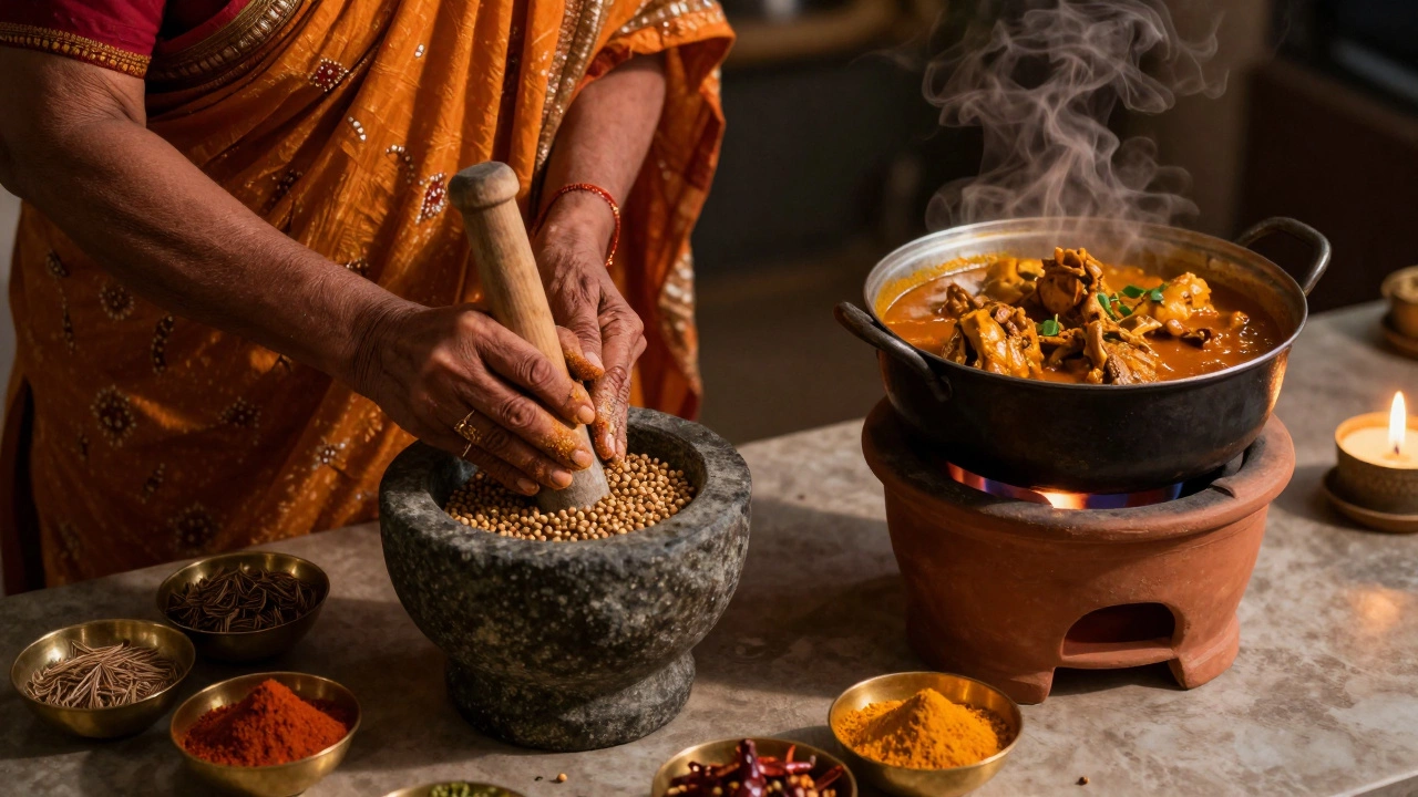 An elderly woman grinding coriander seeds in a stone mortar in a traditional Indian kitchen.