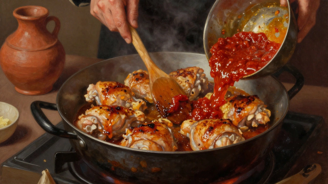 Chef browning chicken thighs in a pot, scraping up flavorful browned bits from the bottom.