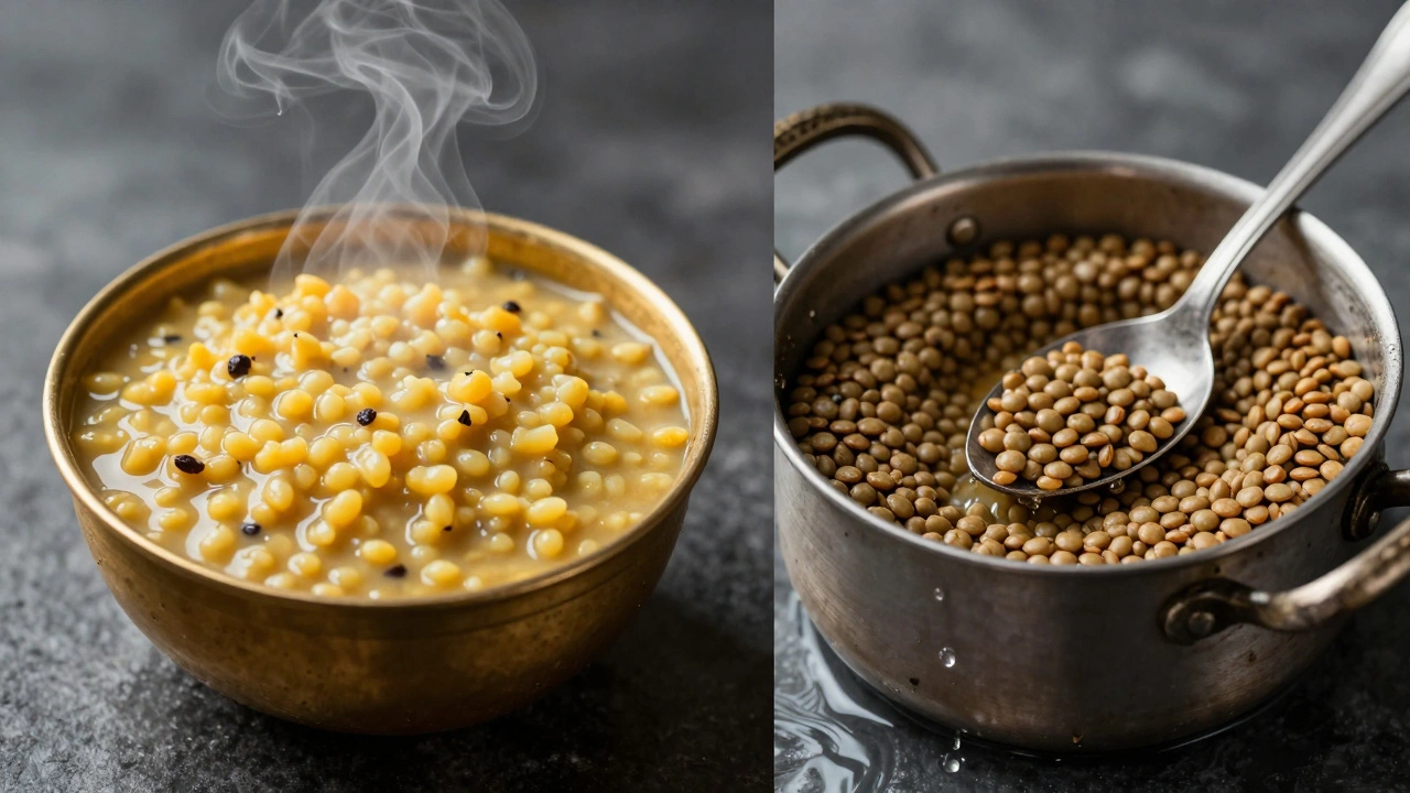 Contrasting image: creamy soaked dal on left, uneven unsoaked lentils on right.
