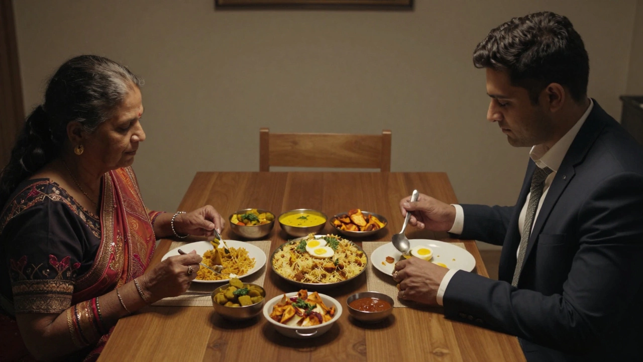 Family meal with vegetarian and egg dishes side by side on a dining table.
