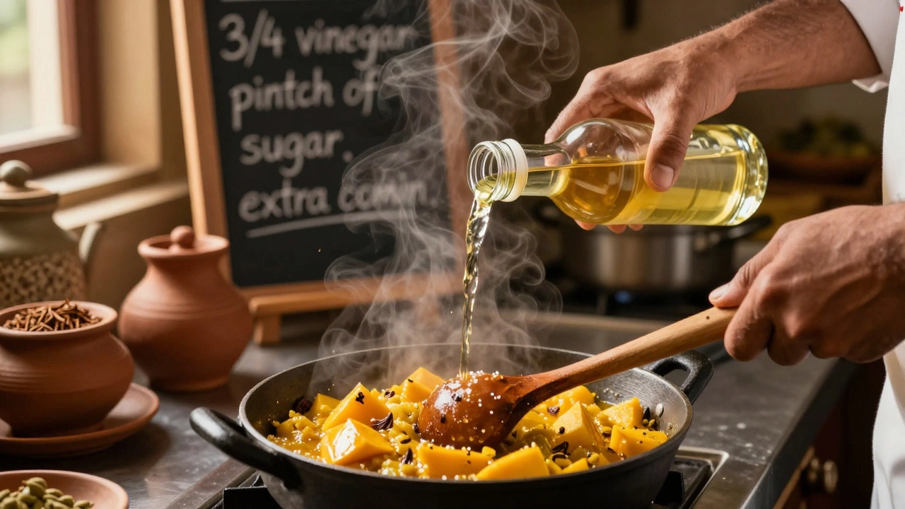 Hands stirring mango chutney in a pot as apple cider vinegar is poured in, steam rising, spices visible in the mixture.