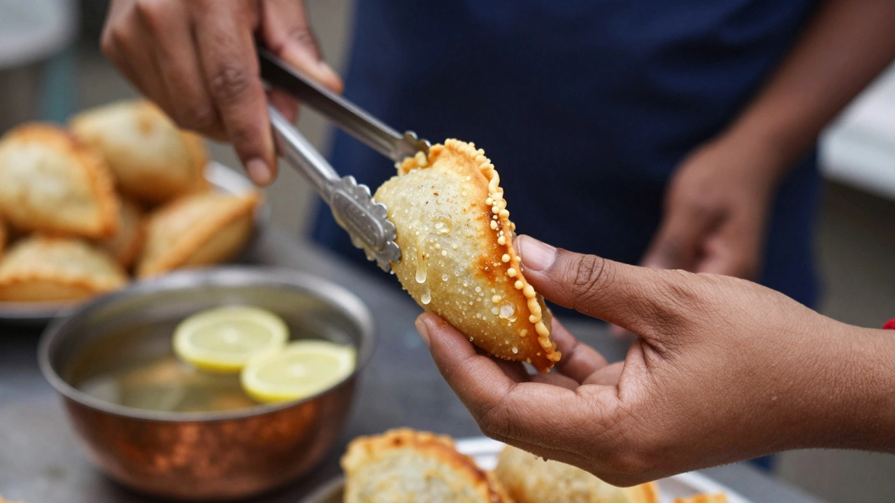 Right hand holding a pani puri, ready to eat, with lemon water nearby.