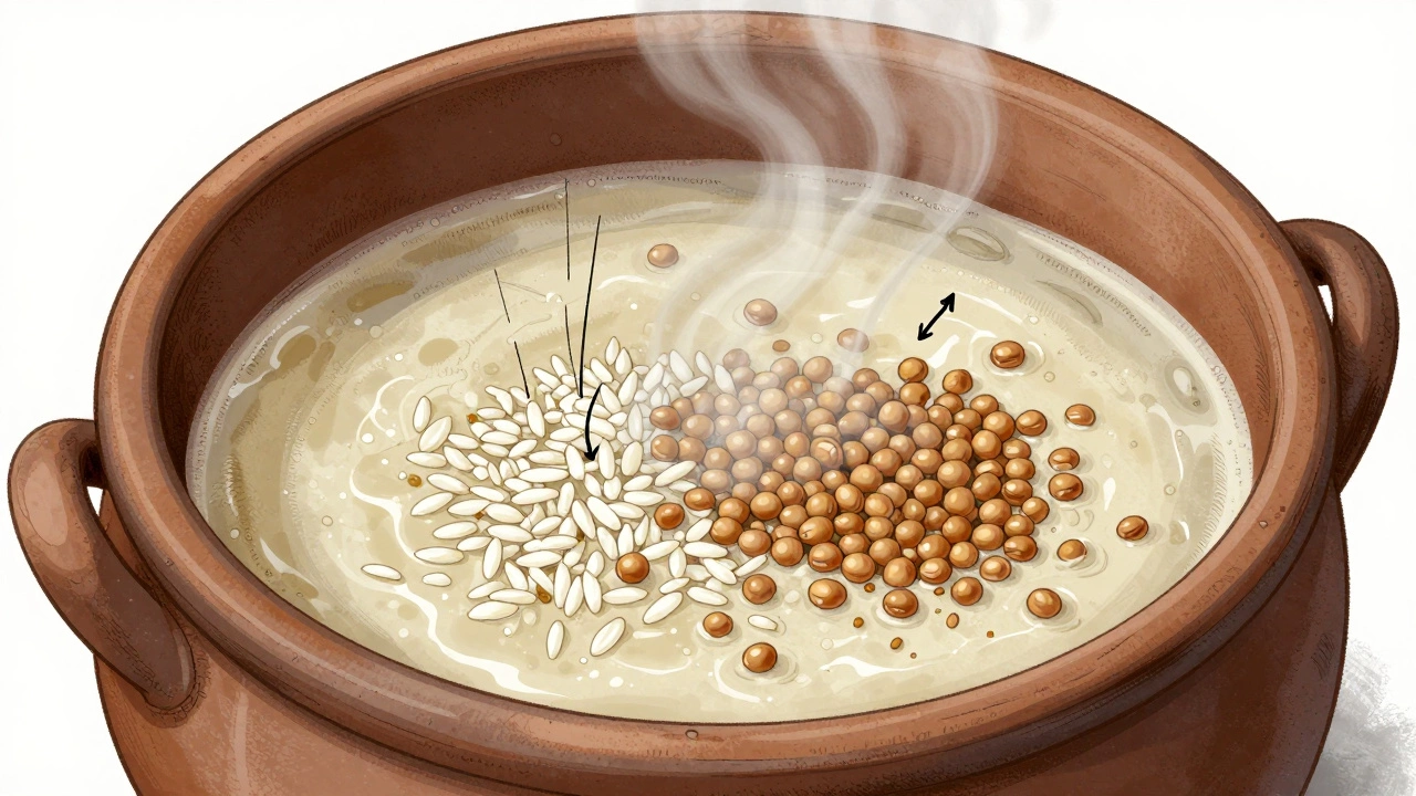Scientific illustration of dosa batter fermentation showing grain breakdown and sleep hormone conversion.