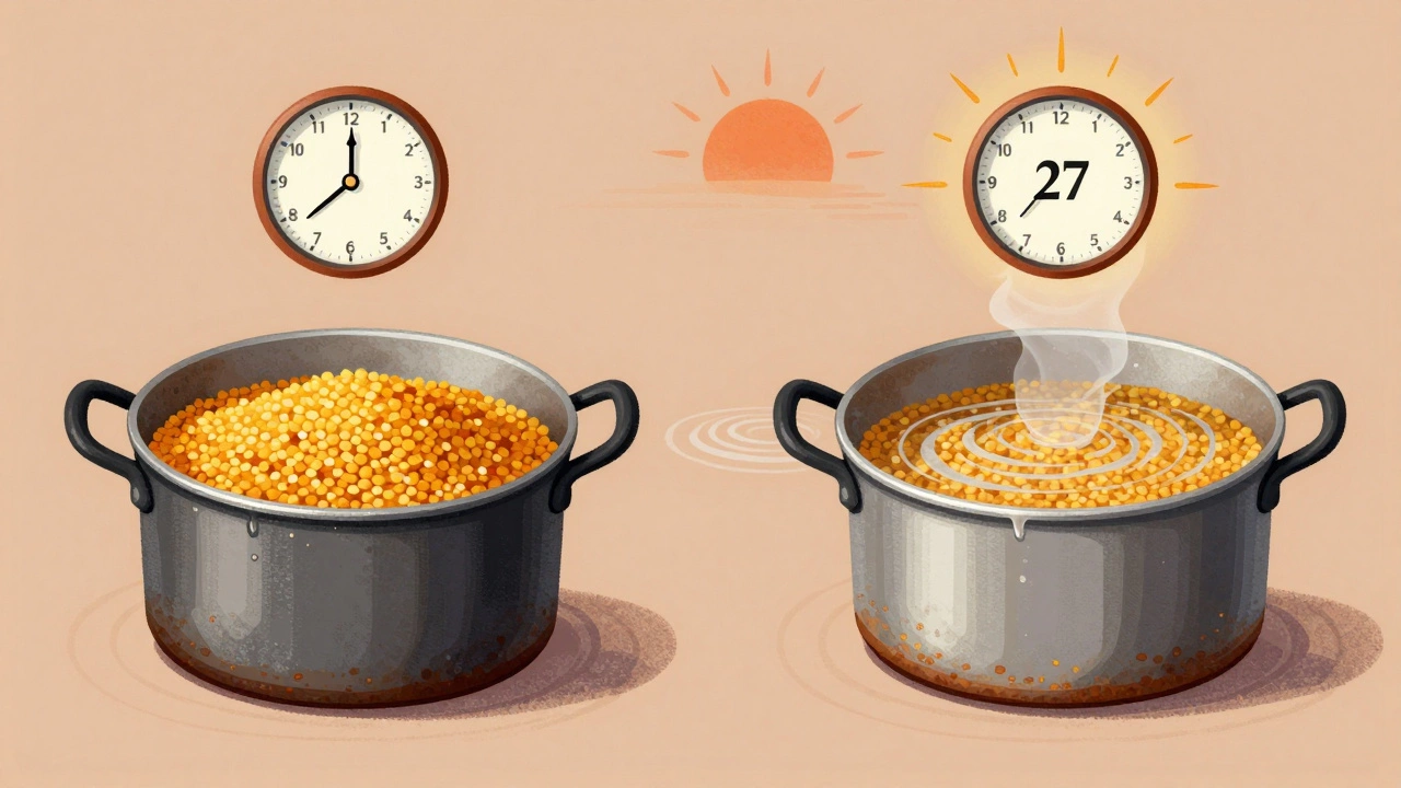 Side-by-side comparison of cooking times for soaked versus unsoaked dal.