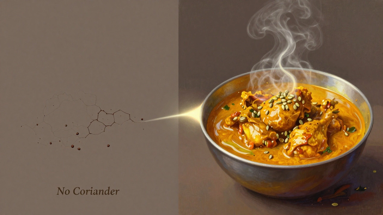 Split image comparing a flat curry without coriander to a vibrant one with coriander, connected by aromatic steam.