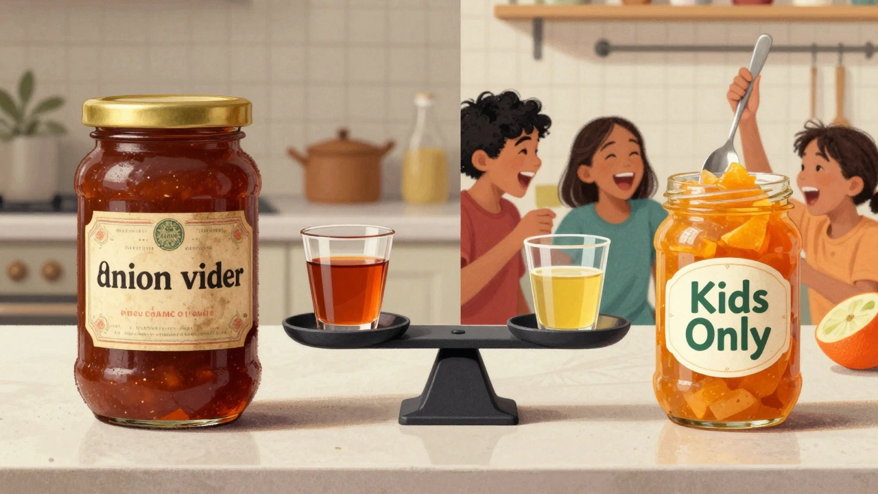Split image: traditional onion chutney on left, fruity apple vinegar chutney on right, with children reaching for a spoon.