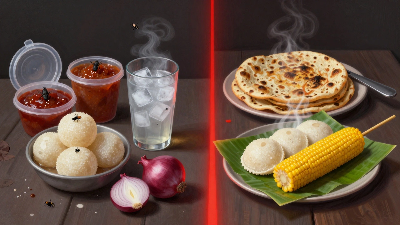 Split image: unsafe street food on left, safe hot foods on right, dramatic lighting contrast.