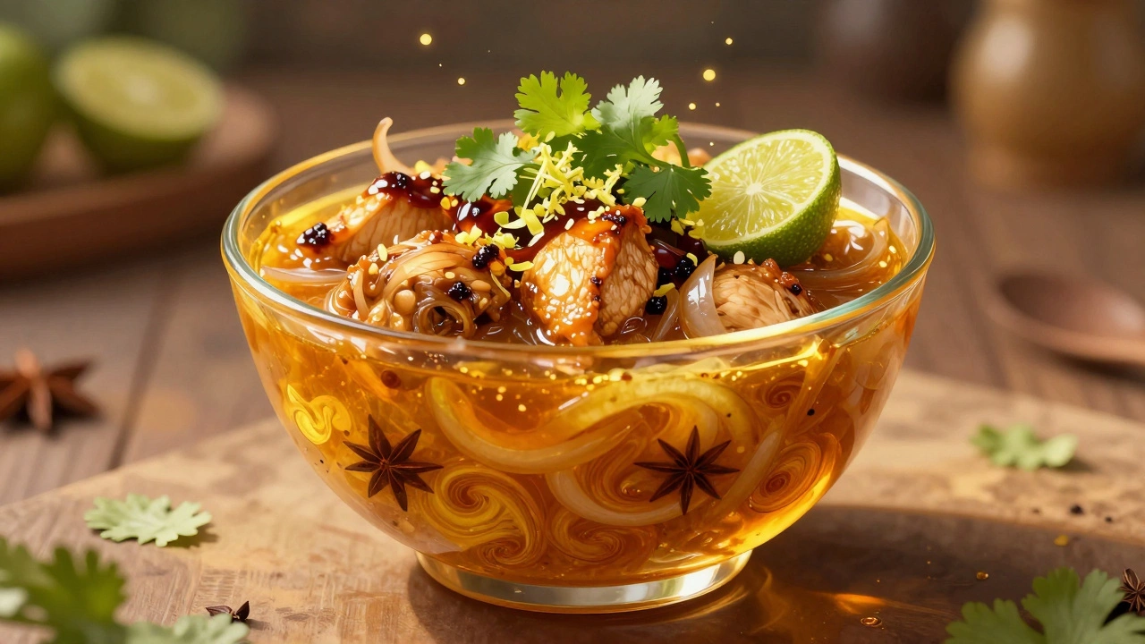 Translucent curry bowl showing layered flavors: spices, chicken, and fresh garnishes in golden sauce.
