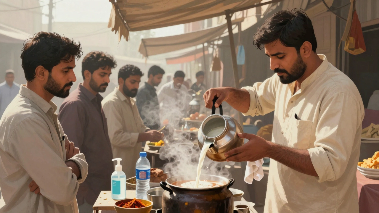 Traveler watching chai being boiled at a busy street stall, sealed water bottle and hand sanitizer nearby.