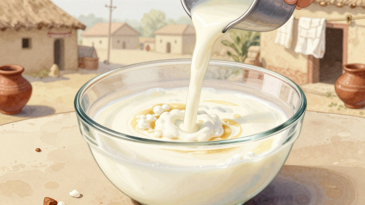 Watercolor illustration of milk curdling slowly with yogurt, soft curds floating in golden whey.