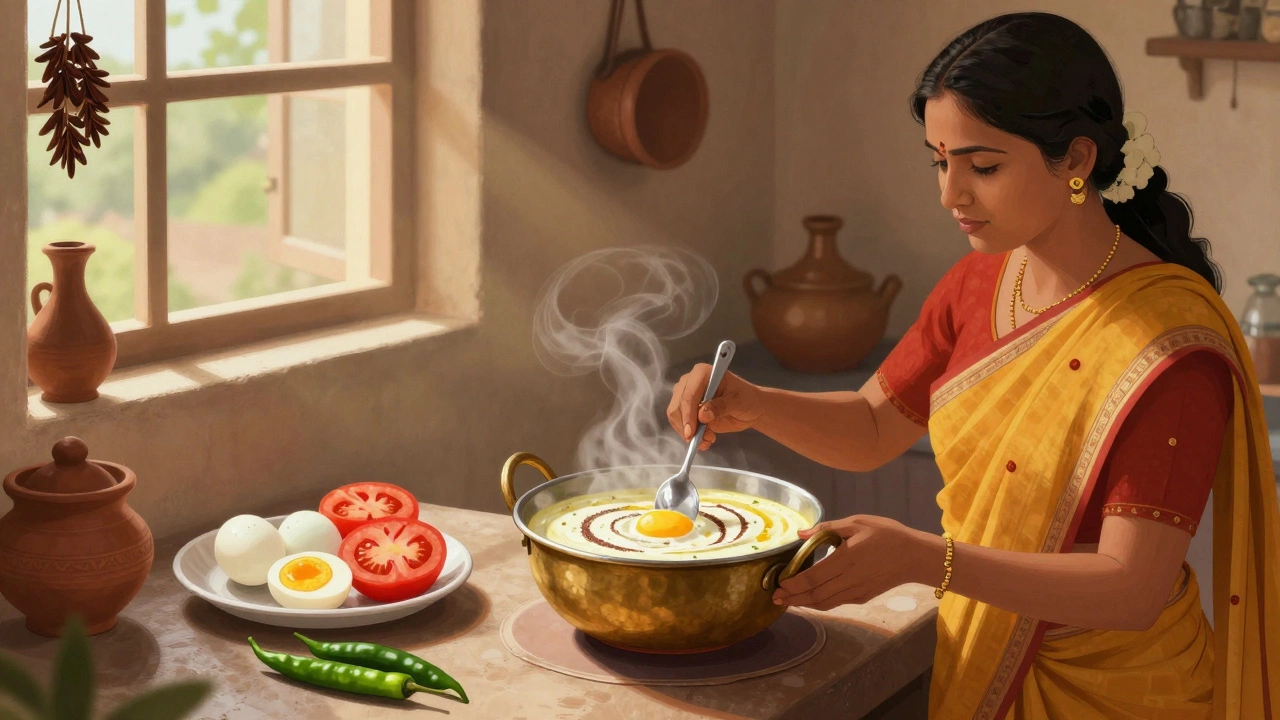 Woman cooking egg curry in a South Indian kitchen with spices and brass pots.