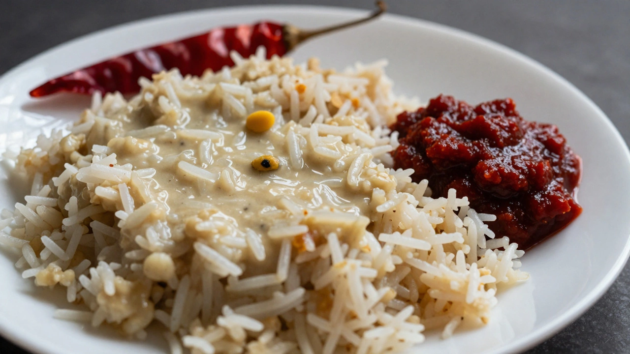A dollop of tamarind chutney beside dal and rice, with visible spices and texture.