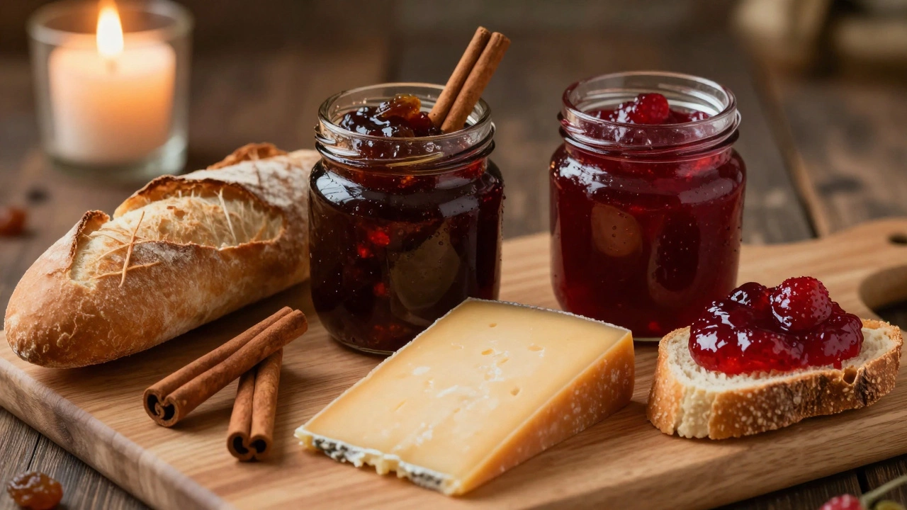 Apple chutney and strawberry jam on a cheese board with bread and cheddar.