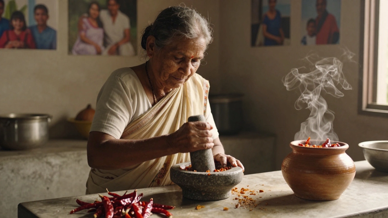 Elderly woman making chutney by hand in a sunlit kitchen