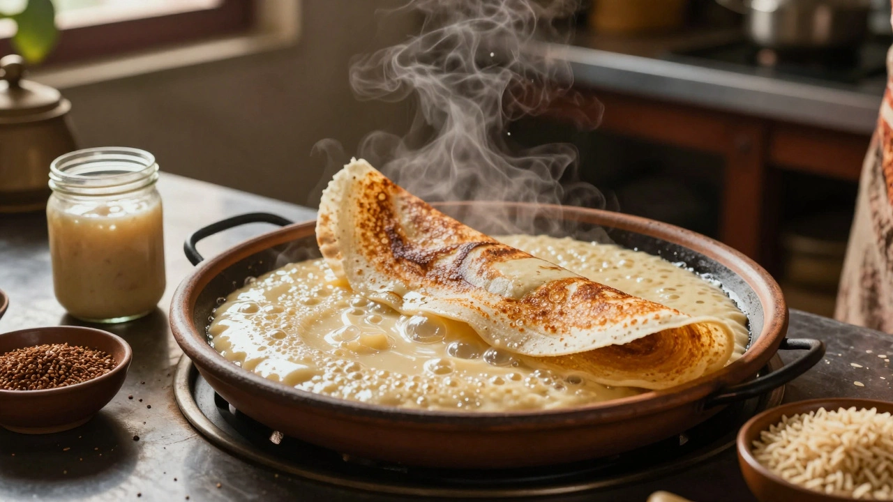 Golden dosa cooking on griddle with starter jar and fenugreek seeds beside it.