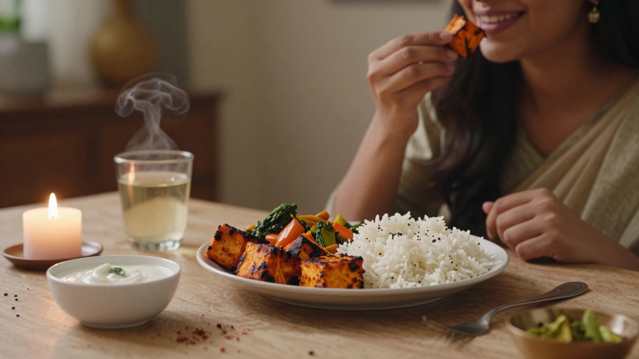 Grilled paneer served with yogurt and spices in a cozy Indian home dinner setting.