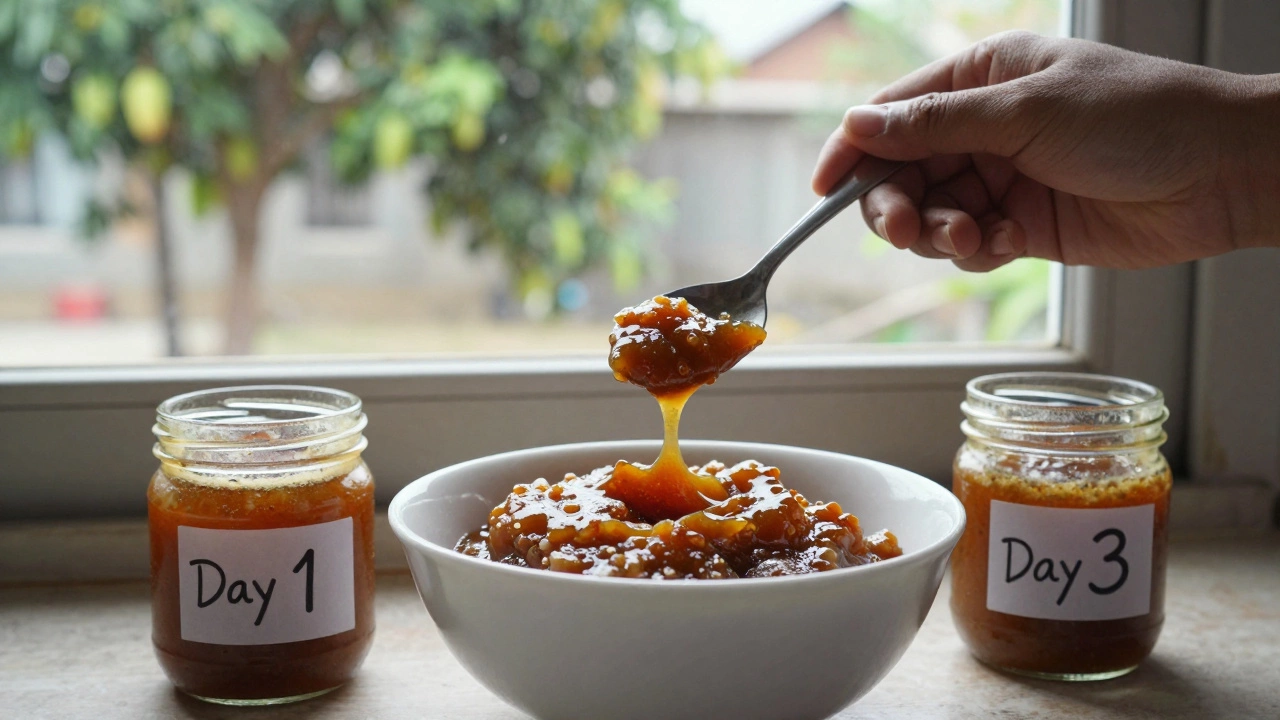 Hand adding jaggery to cooling chutney beside jars labeled Day 1 and Day 3.
