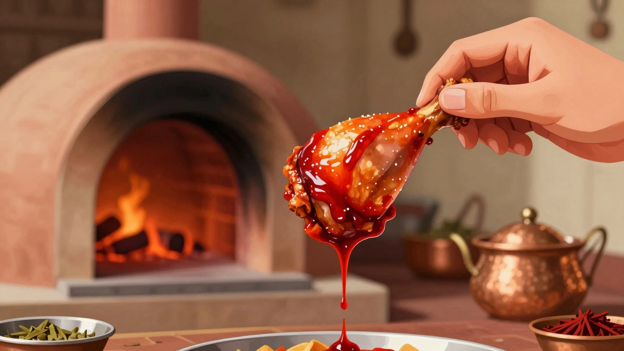 Hand holding tandoori chicken leg, red juice running down fingers, tandoor oven glowing in background.