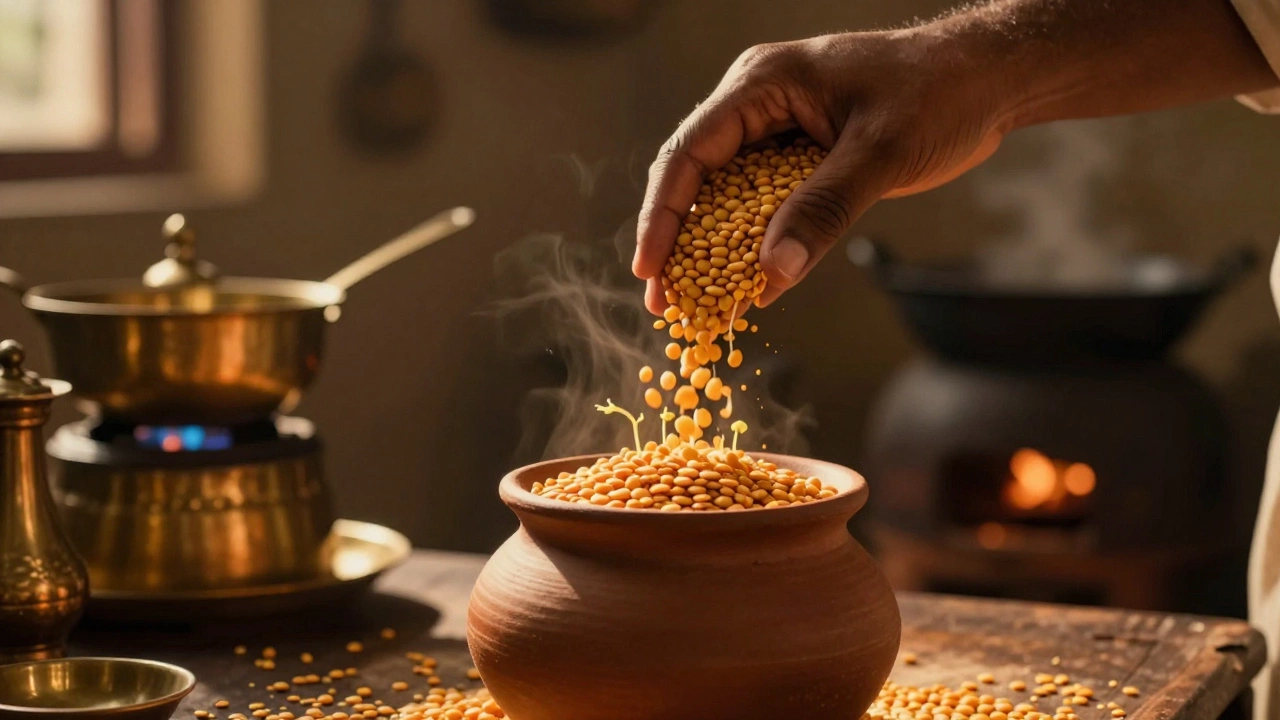 Hand pouring soaked lentils into a clay pot as sprouts emerge, with a traditional Indian kitchen glowing softly in the background.