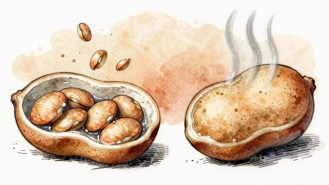 Illustration showing a soaked lentil releasing nutrients versus an unsoaked lentil resisting heat, with abstract particles representing digestion.