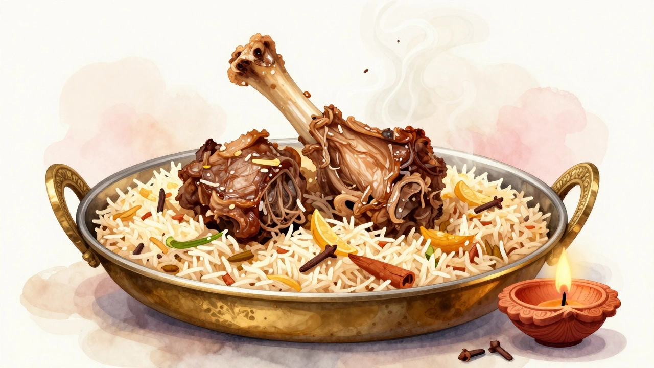 Lucknowi biryani in a brass dish with tender meat and fragrant rice, soft golden light and delicate steam.