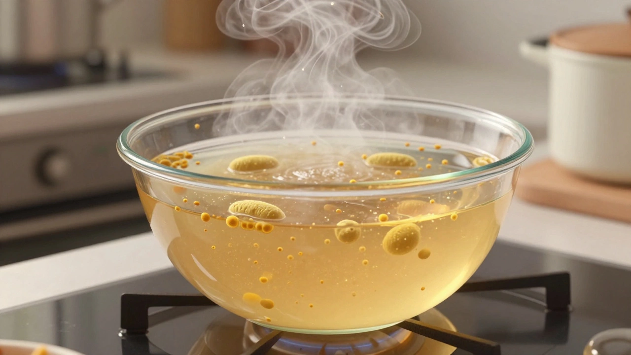 Microscopic view of yeast and bacteria thriving in warm dosa batter with steam rising.