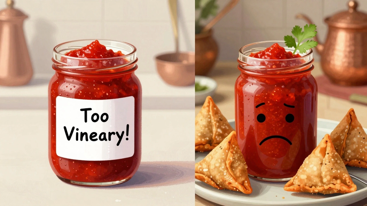 Split image: overly sour chutney vs. balanced chutney served with samosas.