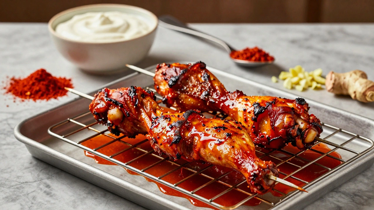 Tandoori chicken skewers on a wire rack, red juice dripping into a tray, with yogurt and spices nearby.