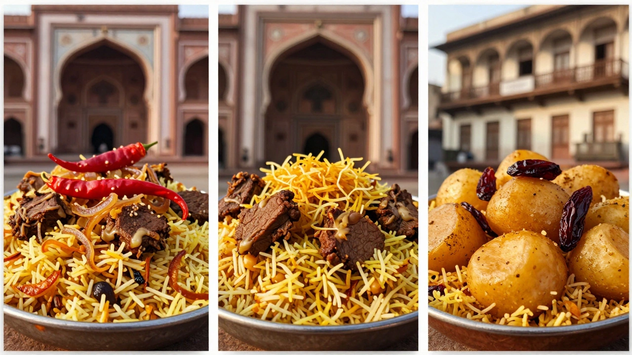 Three regional biryanis side by side: Hyderabadi, Lucknowi, and Kolkata, each with distinct ingredients and textures.