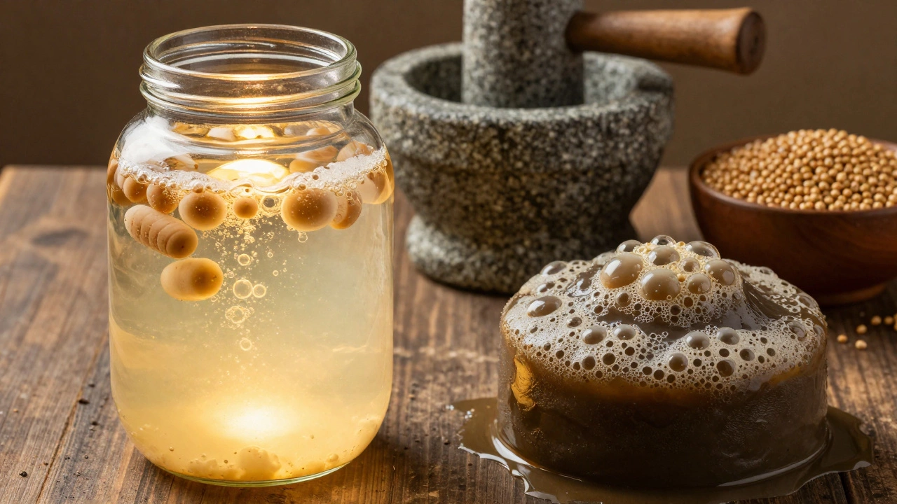 A glowing fermentation jar showing healthy bubbles on one side and sluggish, oily bubbles on the other.