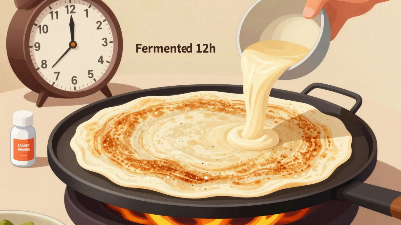 A golden, puffed dosa cooking on a hot tawa, with baking powder bottle nearby, symbolizing correct timing for fluffiness.