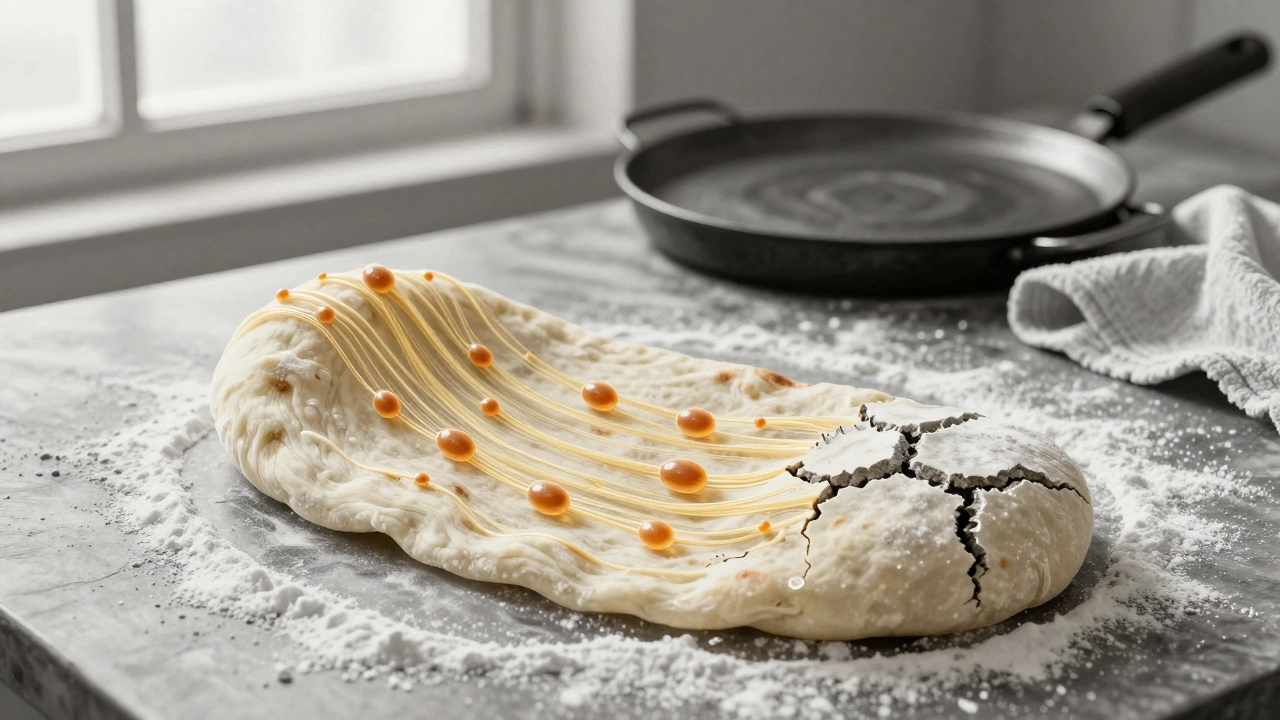 A pliable roti dough stretching smoothly while a cracked, dry dough lies beside it, with golden fat molecules visualized as threads.