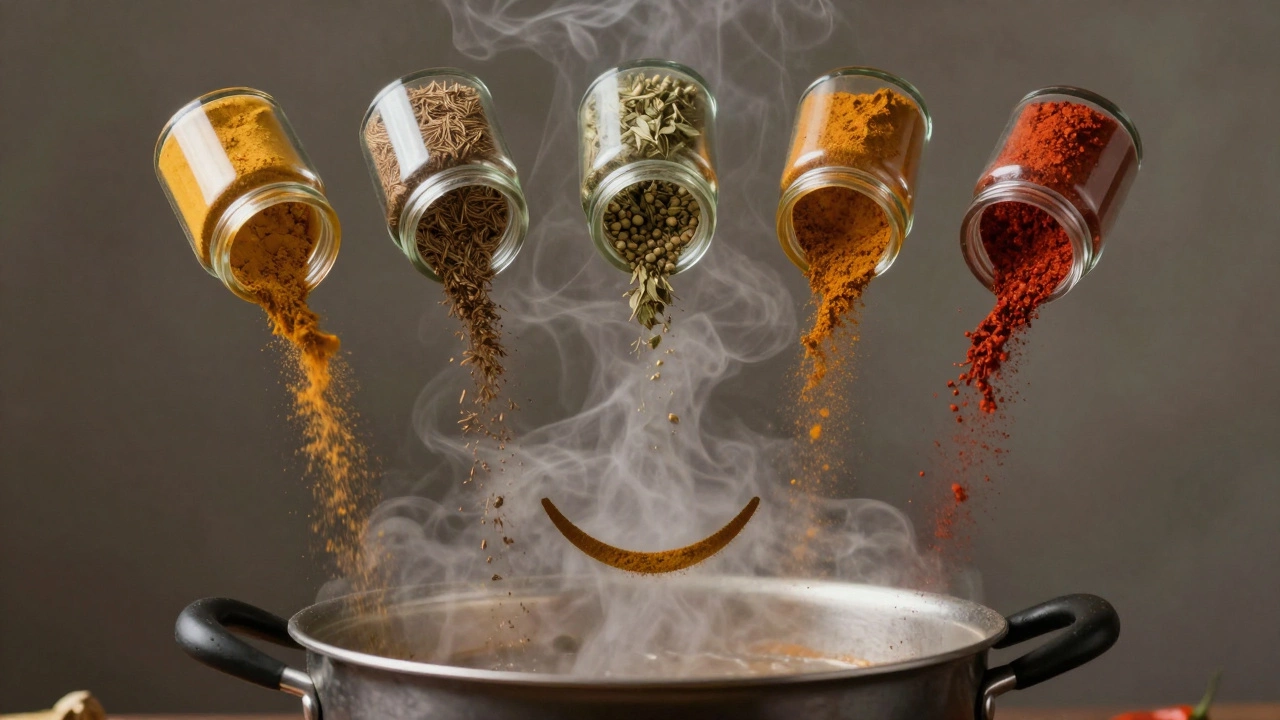 Five spice jars pouring powders into a simmering pot, steam forming a smiling face.