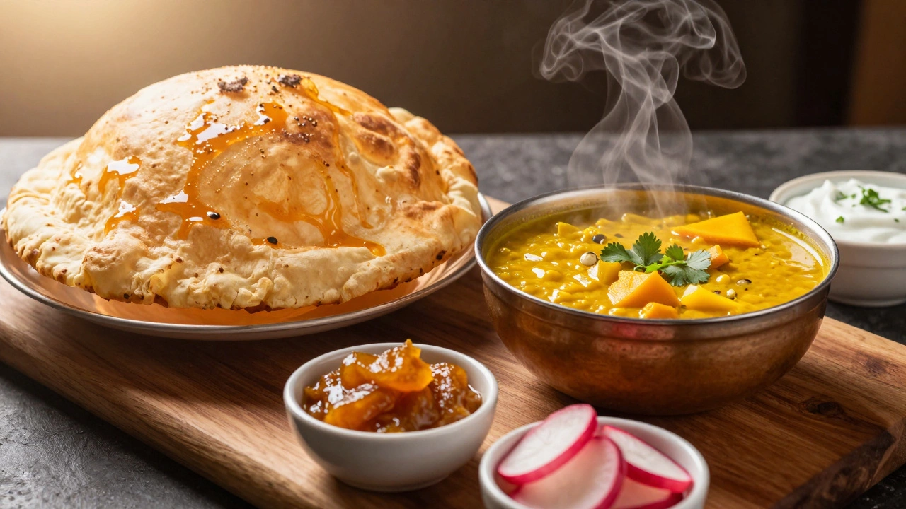 Golden bhatura served with dal, pickle, and raita in a traditional Indian feast.
